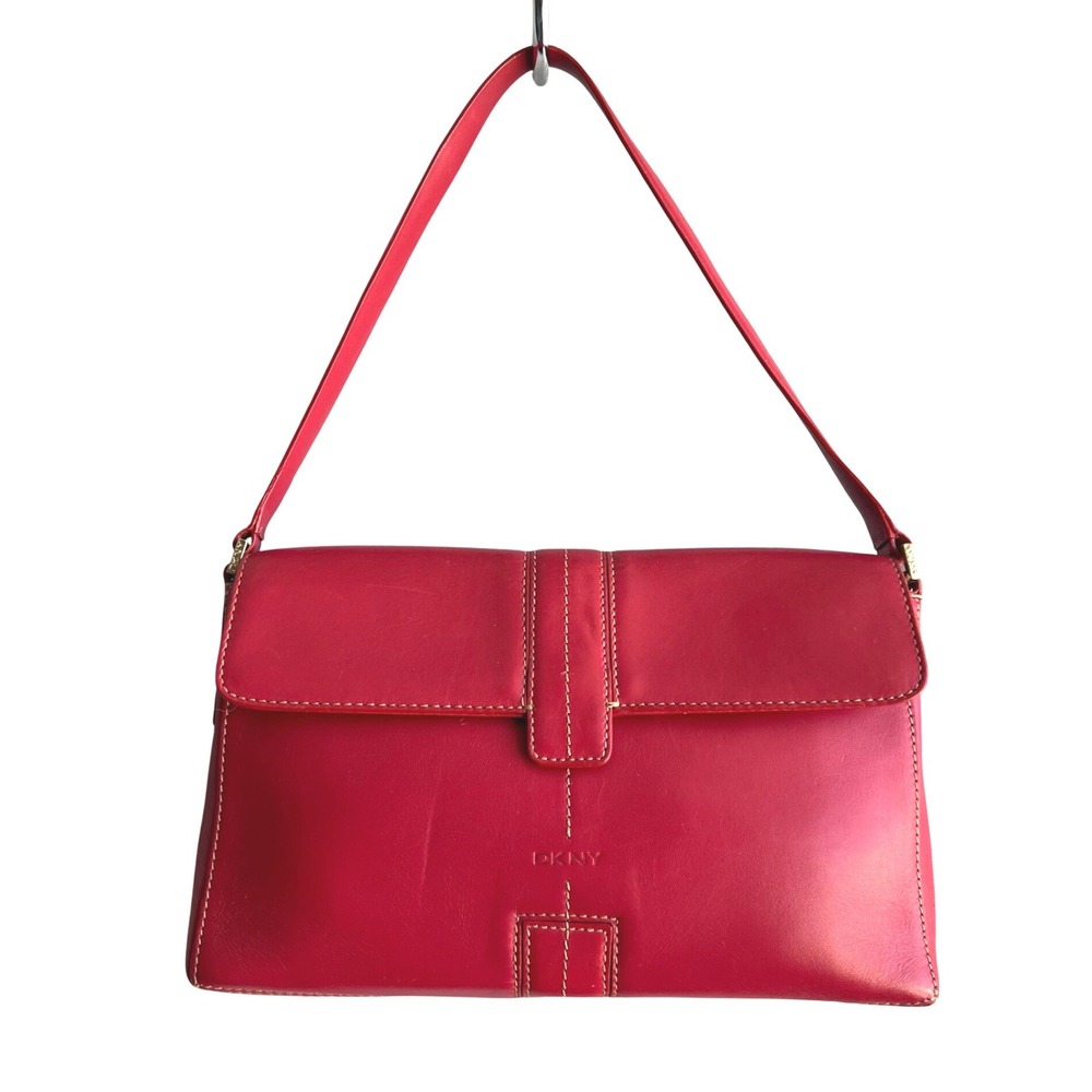 DKNY Red Leather Shoulder Bag Baguette Flap Contrast Stitch Gold Hardware Purse